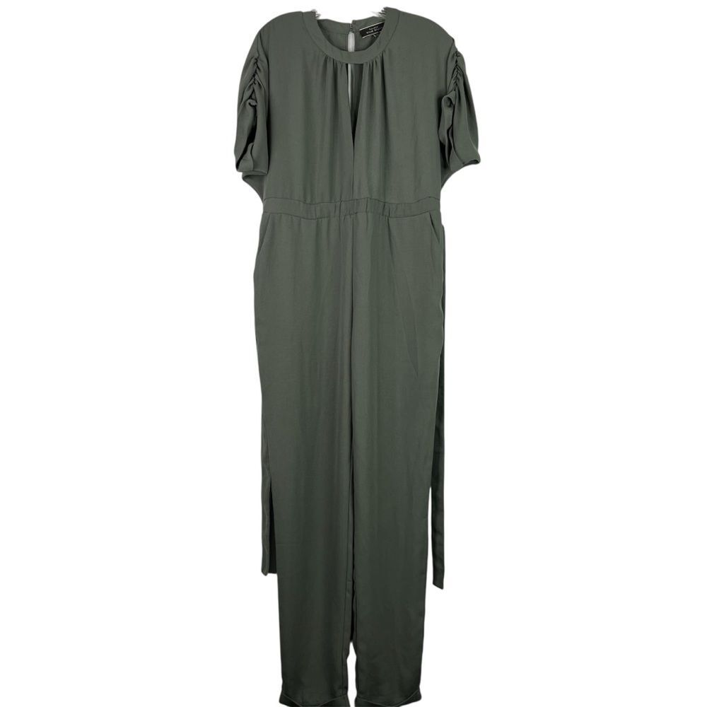 Blue Blush Jumpsuit Women’s M Green Ruched Short Cuffed Sleeve Hem Tie Belt